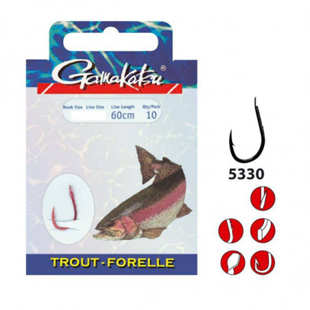 Gamakatsu Trout LS-5330 Haken 60cm Rot 10 Vorfach Forellenhaken Angelhaken