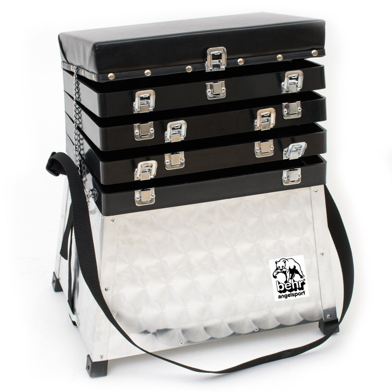 Behr Aluminium-Sitzkiepe Modell Standard mit 3 Laden Schultergurt & Futterwanne Behr Aluminium-Sitzkiepe Modell Standard mit 3 Laden Schultergurt & Futterwanne