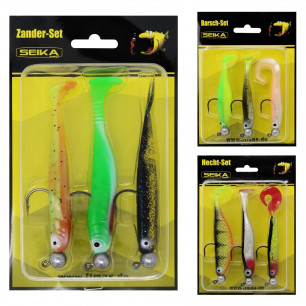 FTM Seika Pro Barsch Zander Hecht 3er Set Gummifisch Jigkopf Haken Raubfischset
