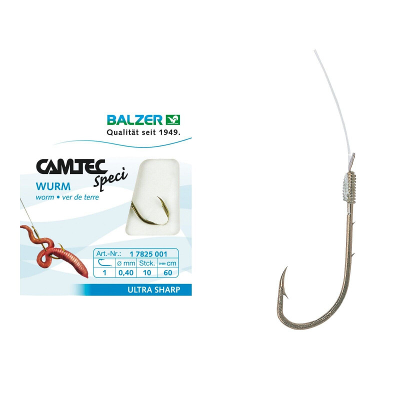 Balzer Camtec Speci Wurmhaken gebunden Haken brüniert 60cm Vorfachhaken Wurm