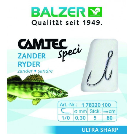 Balzer Camtec Speci Zander Ryderhaken brüniert 80cm Vorfach gebundene Haken